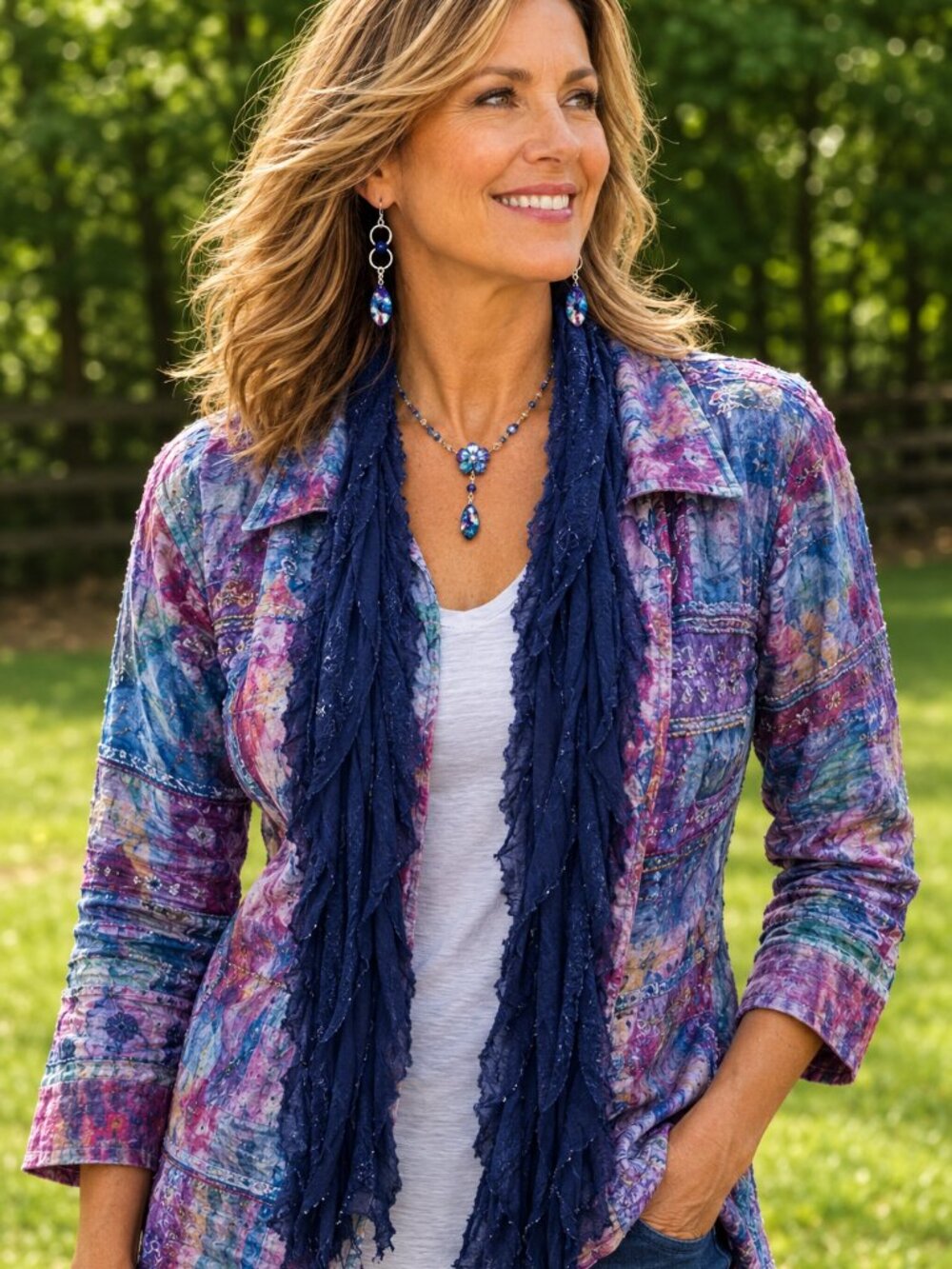 Navy Silve Edge Flutter Scarf Lightweight Women Accessory Mult…